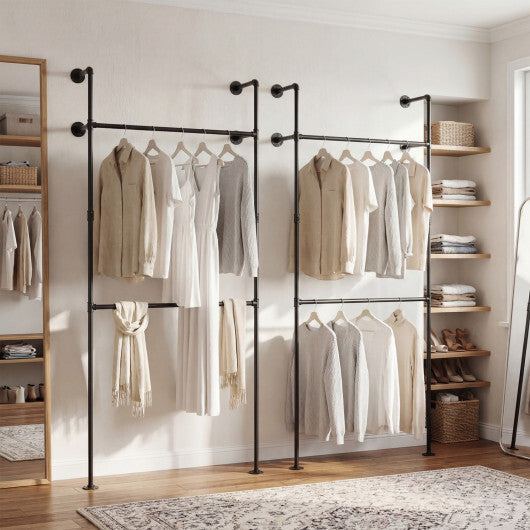 Wall Mounted Pipe Clothing Rack with 2 Hanging Rods-Black W2B
