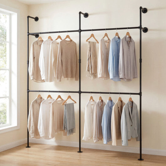 Wall Mounted Pipe Clothing Rack with 4 Hanging Rods-Black W2B