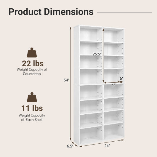 16 Compartment CD Storage Unit 54" Freestanding Open Display Shelf with 12 Removable Shelves-White W2B