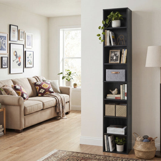 8-Tier Narrow Bookshelf with 4 Adjustable Shelves and Storage Cubes-Black W2B