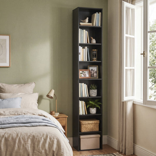8-Tier Narrow Bookshelf with 4 Adjustable Shelves and Storage Cubes-Black W2B