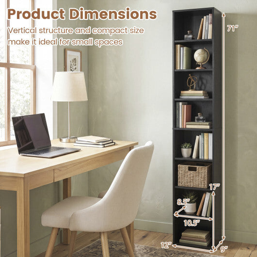 8-Tier Narrow Bookshelf with 4 Adjustable Shelves and Storage Cubes-Black W2B