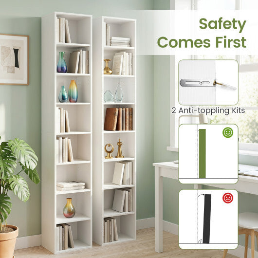 8-Tier Narrow Bookshelf with 4 Adjustable Shelves and Storage Cubes-Black W2B