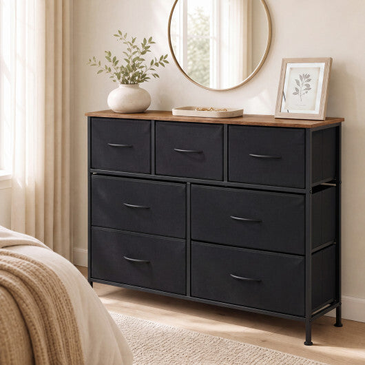 7-Drawer Wide Dresser with 2-Sized Folding Fabric Drawers for Bedroom-Black W2B