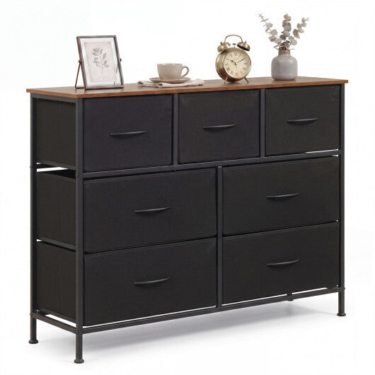 7-Drawer Wide Dresser with 2-Sized Folding Fabric Drawers for Bedroom-Black W2B