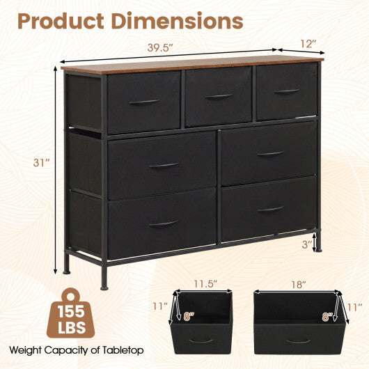 7-Drawer Wide Dresser with 2-Sized Folding Fabric Drawers for Bedroom-Black W2B