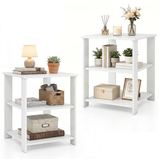3-Tier Modern Nightstand Square Side Table with Open Storage Shelves Set of 2-White W2B