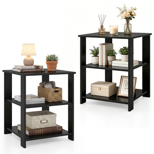 3-Tier Modern Nightstand Square Side Table with Open Storage Shelves Set of 2-White W2B