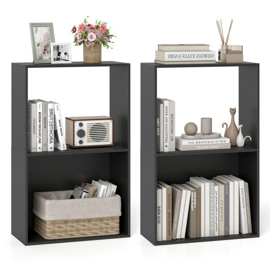 Set of 2 3-Tier Bookshelf with Open Storage Compartment and Freestanding Display Shelf-Black W2B