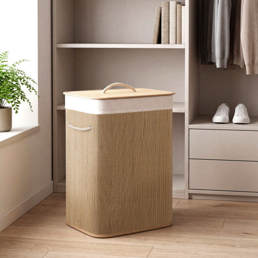 19 Gal Capacity Bamboo Clothes Hamper with Removable Liner and Portable Handles-Brown W2B