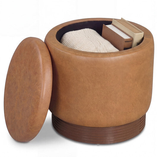 Round Storage Ottoman with Acacia Wood Frame for Living Room and Bedroom-Brown W2B