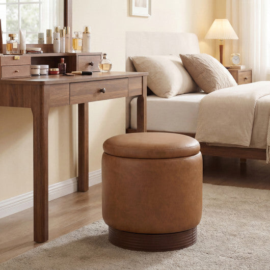 Round Storage Ottoman with Acacia Wood Frame for Living Room and Bedroom-Brown W2B
