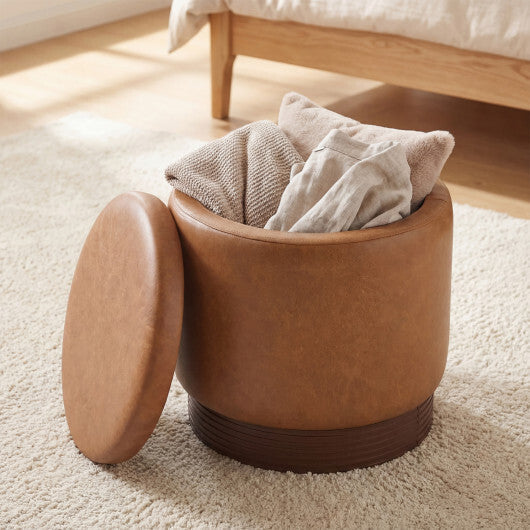 Round Storage Ottoman with Acacia Wood Frame for Living Room and Bedroom-Brown W2B