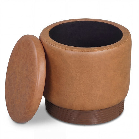 Round Storage Ottoman with Acacia Wood Frame for Living Room and Bedroom-Brown W2B