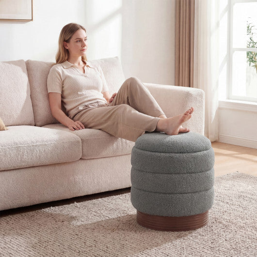 Round Storage Ottoman with Acacia Wood Frame for Living Room-Gray W2B