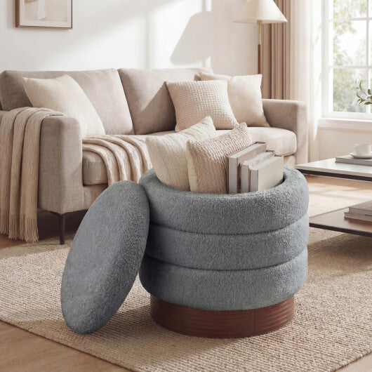 Round Storage Ottoman with Acacia Wood Frame for Living Room-Gray W2B
