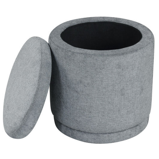 Round Storage Ottoman Foot Rest with Removable Lid and Acacia Wood Frame-Gray W2B