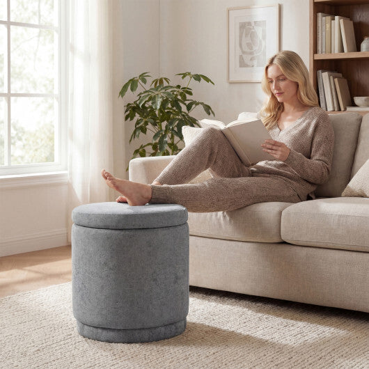 Round Storage Ottoman Foot Rest with Removable Lid and Acacia Wood Frame-Gray W2B