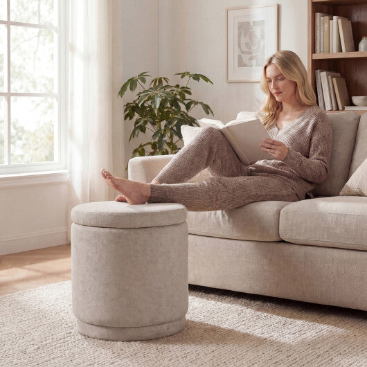 Round Storage Ottoman Foot Rest with Removable Lid and Acacia Wood Frame-Gray W2B