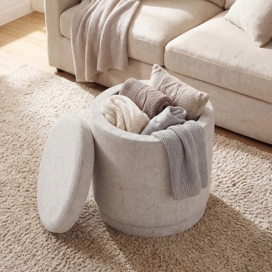 Round Storage Ottoman Foot Rest with Removable Lid and Acacia Wood Frame-Gray W2B