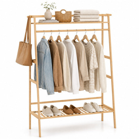 Bamboo Clothing Garment Rack Freestanding Open Wardrobe Organizer with Hanging Rod-Natural W2B