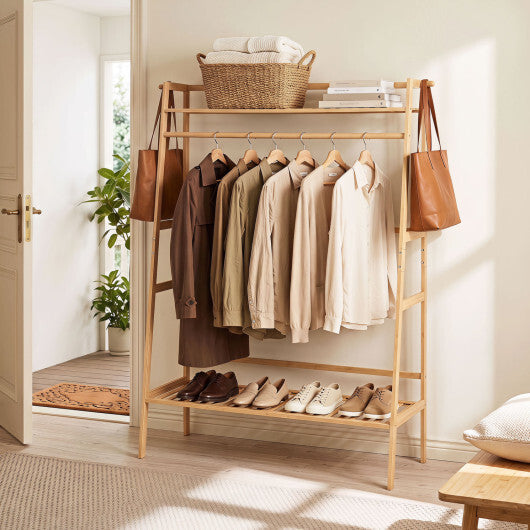 Bamboo Clothing Garment Rack Freestanding Open Wardrobe Organizer with Hanging Rod-Natural W2B