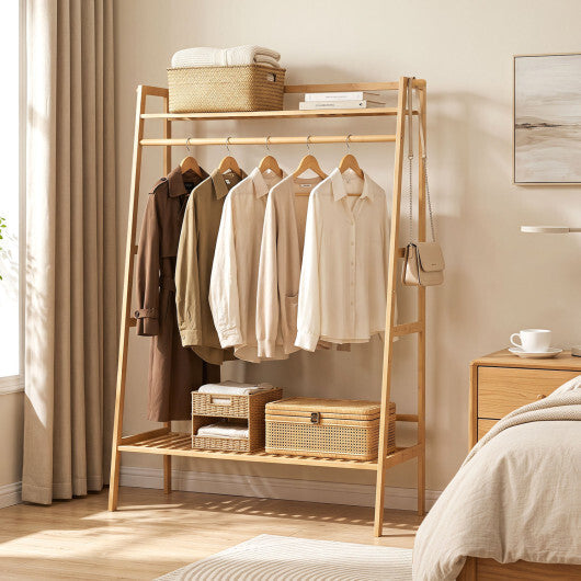 Bamboo Clothing Garment Rack Freestanding Open Wardrobe Organizer with Hanging Rod-Natural W2B