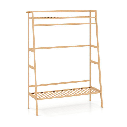 Bamboo Clothing Garment Rack Freestanding Open Wardrobe Organizer with Hanging Rod-Natural W2B