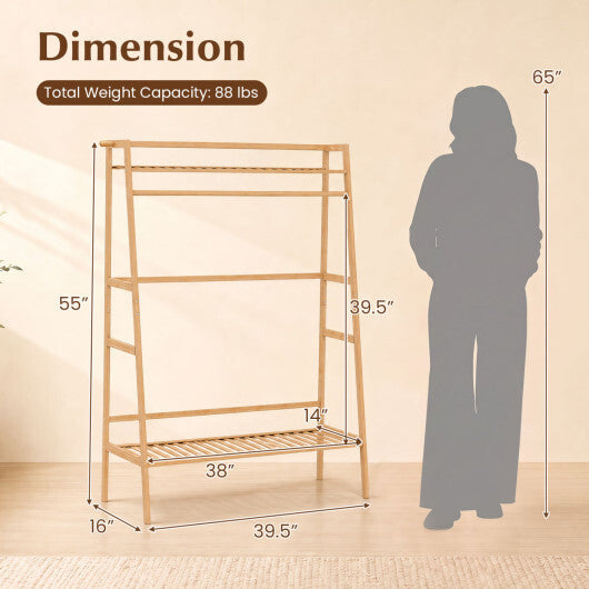 Bamboo Clothing Garment Rack Freestanding Open Wardrobe Organizer with Hanging Rod-Natural W2B