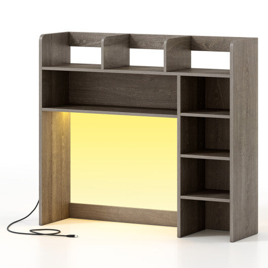 Desktop Bookshelf with LED Lights 35.5 inch Desk Hutch Storage Organizer-Oak W2B