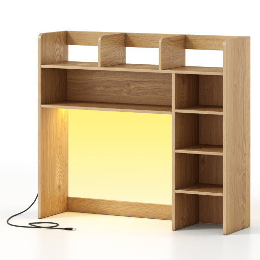 Desktop Bookshelf with LED Lights 35.5 inch Desk Hutch Storage Organizer-Oak W2B