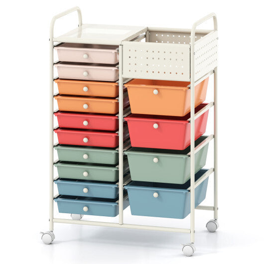 14-Drawer Rolling Storage Cart with Metal Tabletop and Pegboard-Macaron W2B