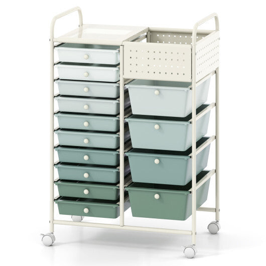 14-Drawer Rolling Storage Cart with Metal Tabletop and Pegboard-Macaron W2B
