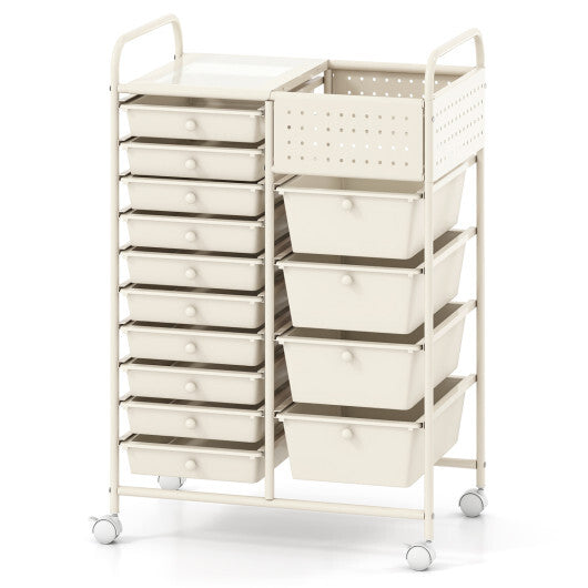 14-Drawer Rolling Storage Cart with Metal Tabletop and Pegboard-Macaron W2B