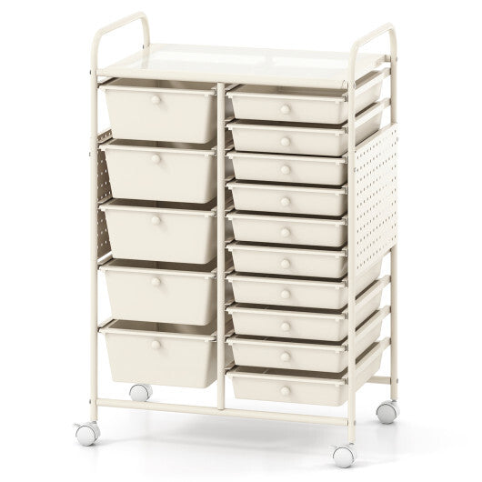 15-Drawer Rolling Storage Cart with Metal Tabletop and Pegboard-White W2B