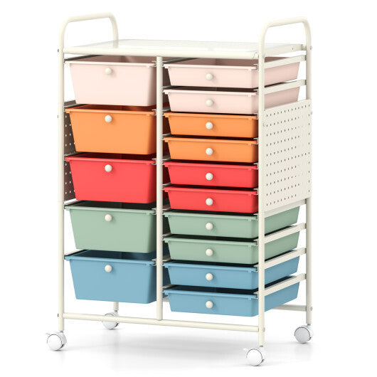 15-Drawer Rolling Storage Cart with Metal Tabletop and Pegboard-White W2B