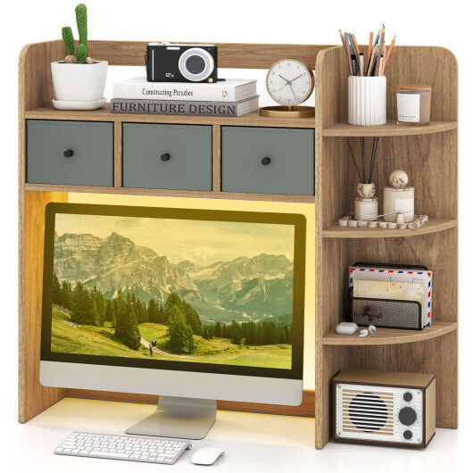 Desktop Bookshelf with LED Lights 5-Tier Shelves and 3 Drawers for Home Officce-Brown W2B