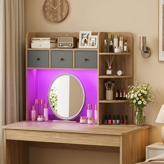 Desktop Bookshelf with LED Lights 5-Tier Shelves and 3 Drawers for Home Officce-Brown W2B