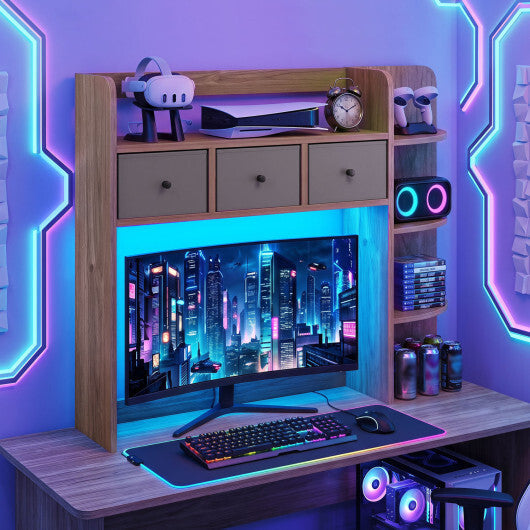 Desktop Bookshelf with LED Lights 5-Tier Shelves and 3 Drawers for Home Officce-Brown W2B