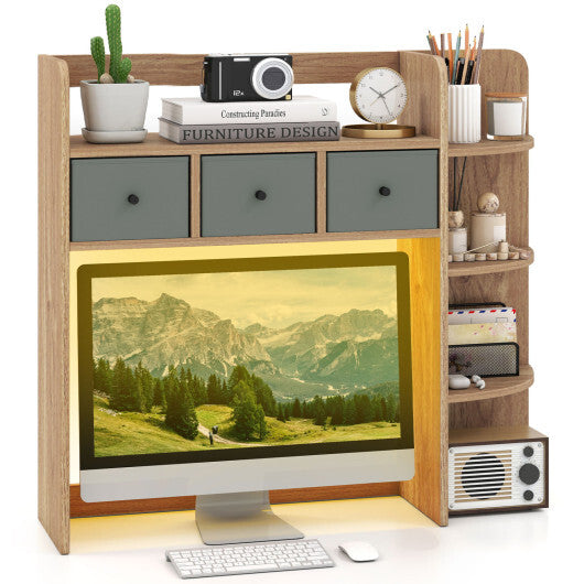 Desktop Bookshelf with LED Lights 5-Tier Shelves and 3 Drawers for Home Officce-Brown W2B