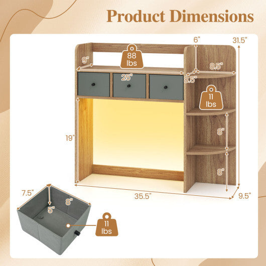 Desktop Bookshelf with LED Lights 5-Tier Shelves and 3 Drawers for Home Officce-Brown W2B