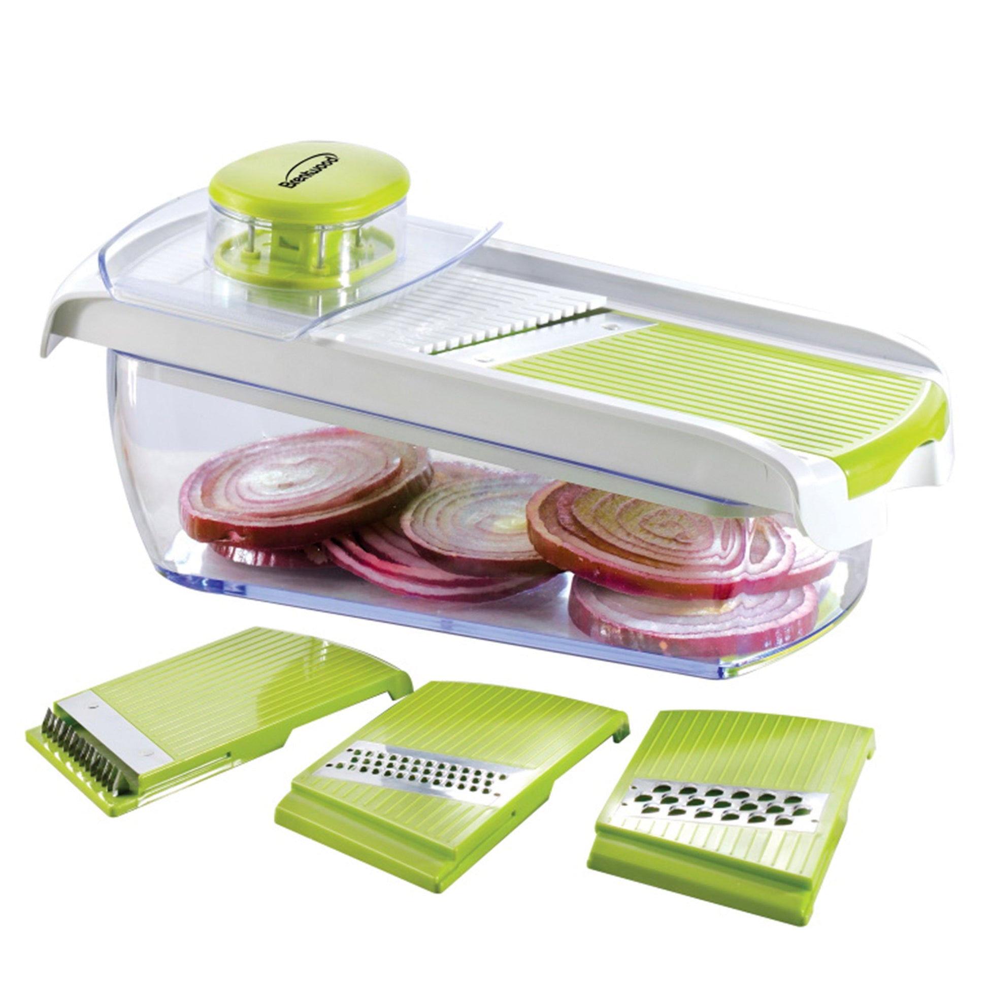 Brentwood Mandollin Slicer with 5 Cup Storage Container and 4 Interchangeable Stainless Steel Blades in Green W2B