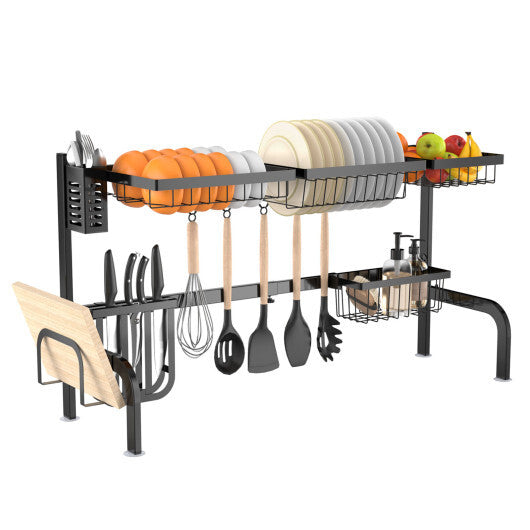 2 Tier Adjustable Over Sink Dish Drying Rack with 8 Hooks W2B