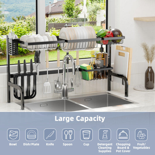 2 Tier Adjustable Over Sink Dish Drying Rack with 8 Hooks W2B