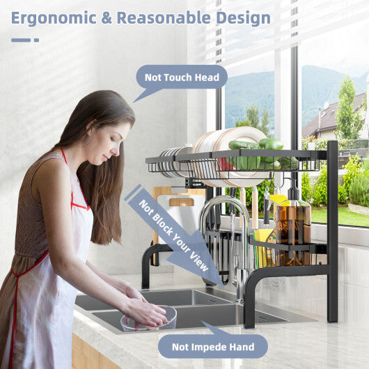 2 Tier Adjustable Over Sink Dish Drying Rack with 8 Hooks W2B