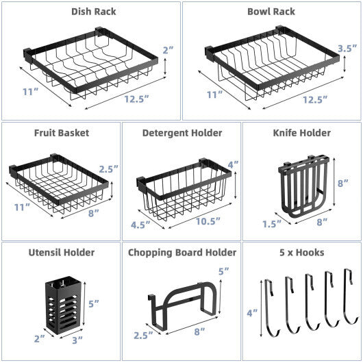 2 Tier Adjustable Over Sink Dish Drying Rack with 8 Hooks W2B