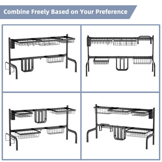 2 Tier Adjustable Over Sink Dish Drying Rack with 8 Hooks W2B