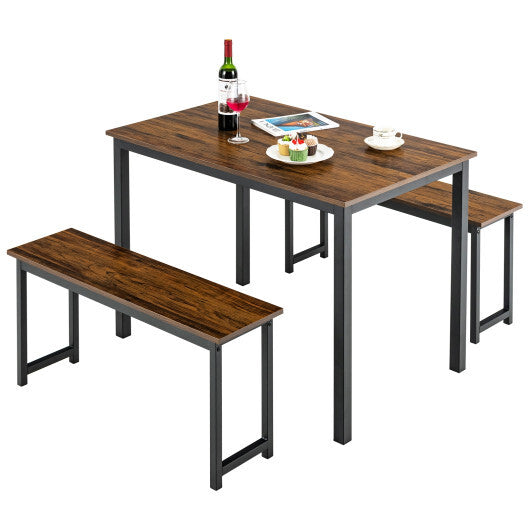 3 Pieces Dining Table Set with 2 Benches for Dining Room Kitchen Bar-Brown W2B
