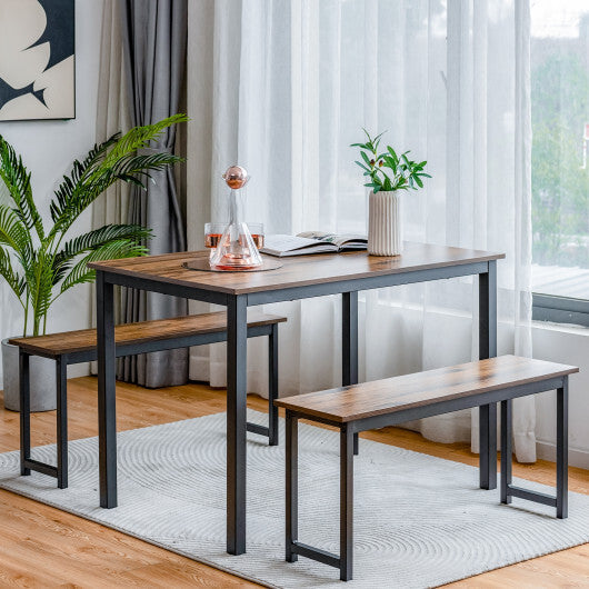 3 Pieces Dining Table Set with 2 Benches for Dining Room Kitchen Bar-Brown W2B