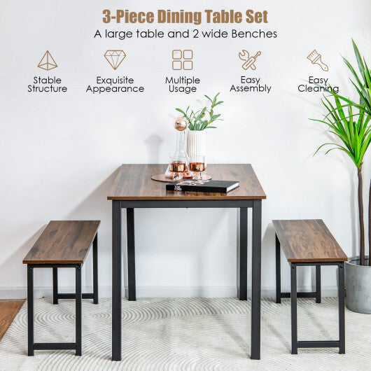 3 Pieces Dining Table Set with 2 Benches for Dining Room Kitchen Bar-Brown W2B